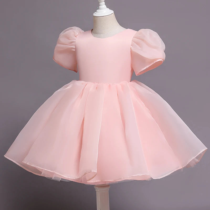 Girls Princess Dress with Puffed Sleeves — A-Line Tulle Birthday Party Outfit