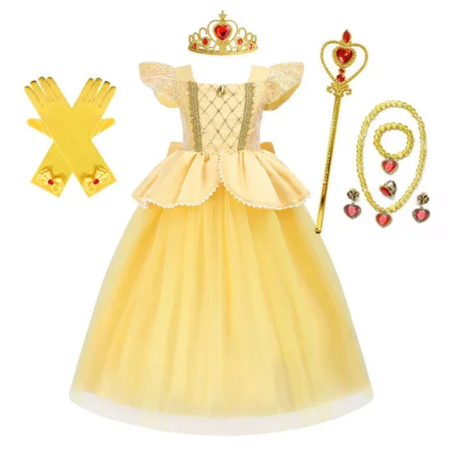 Belle Princess Dress for Girls — Yellow Ball Gown with Puff Sleeves & Elegant Details