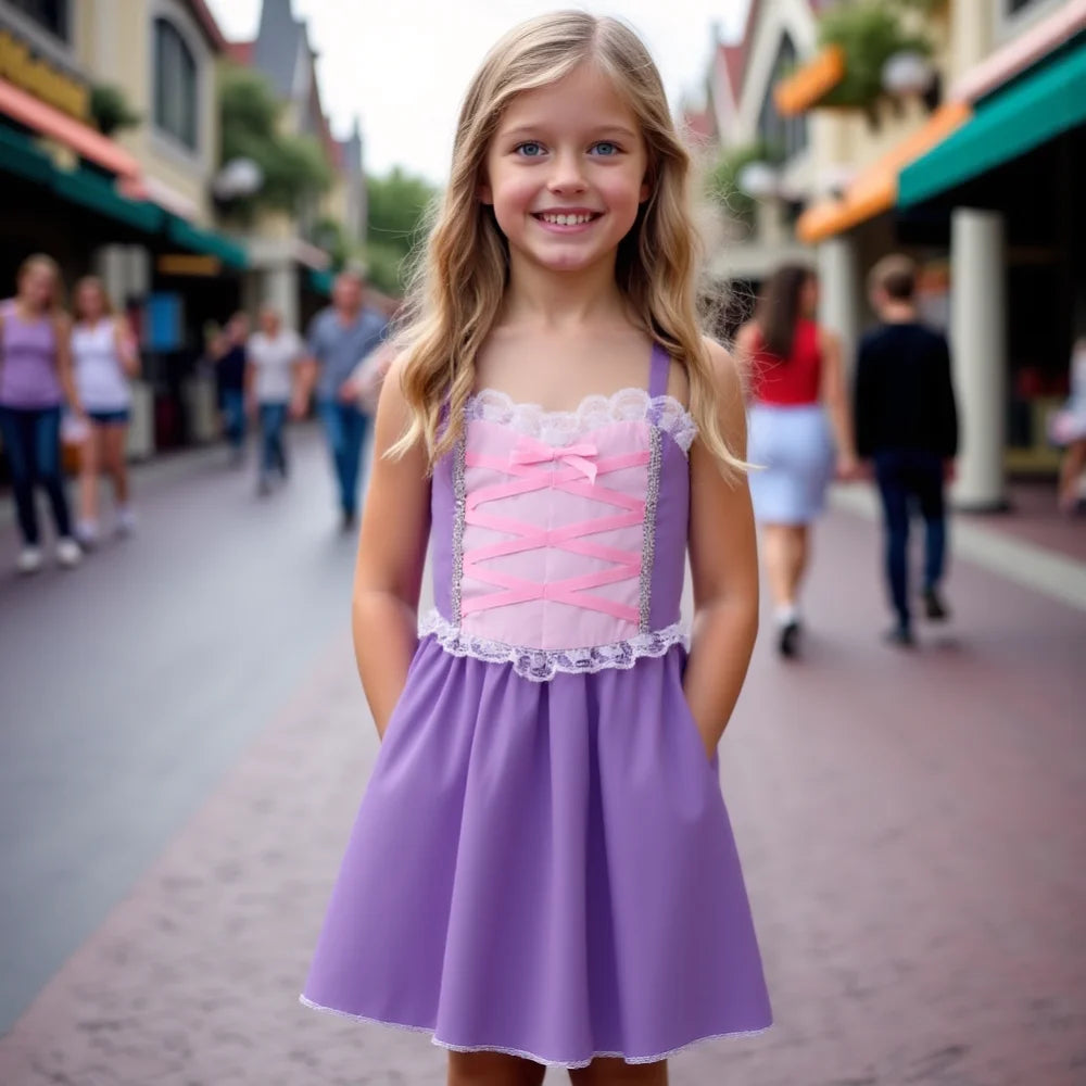 Girls Rapunzel Princess Dress — Purple A-Line, Lace-Up Bodice, Sleeveless Summer Style