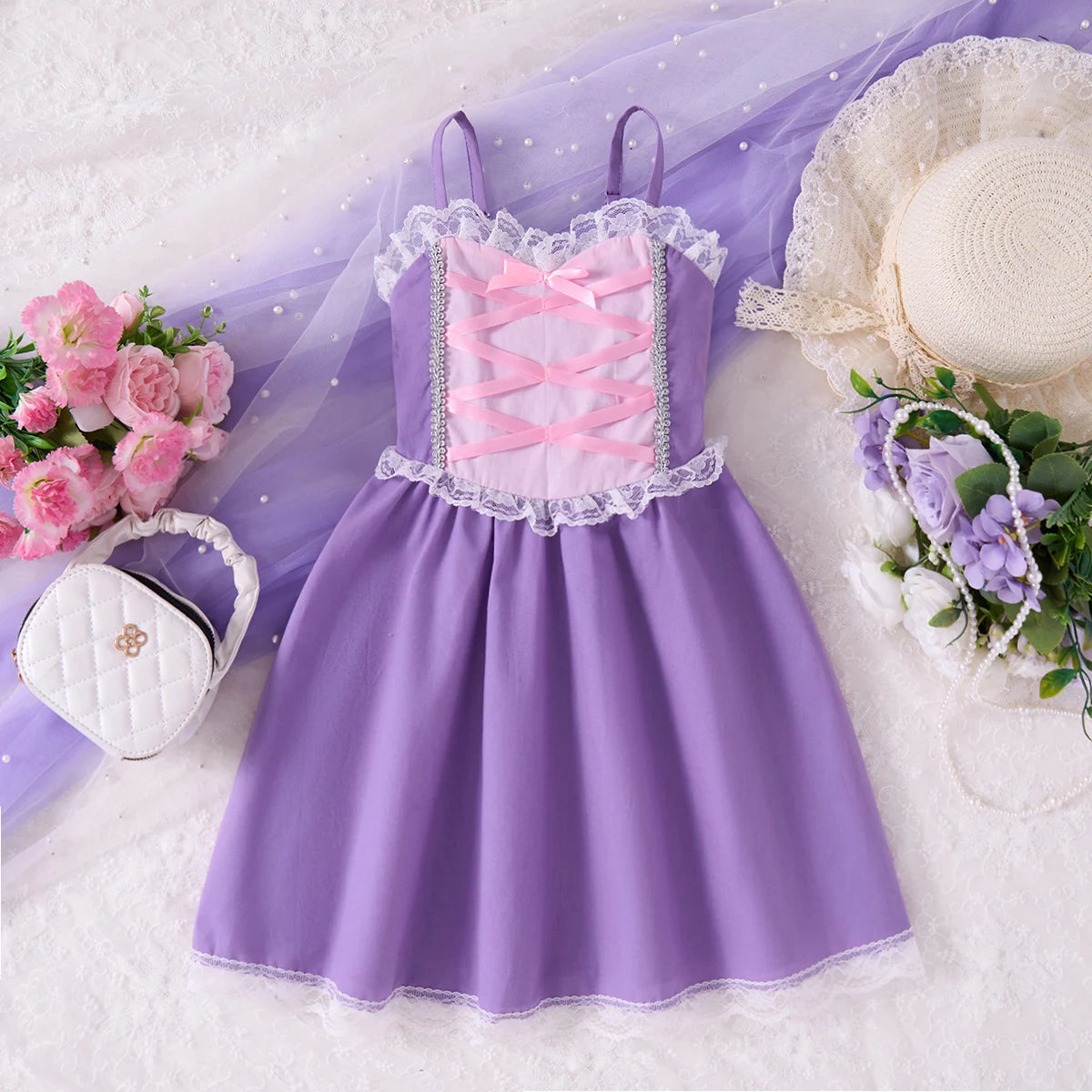 Girls Rapunzel Princess Dress — Purple A-Line, Lace-Up Bodice, Sleeveless Summer Style