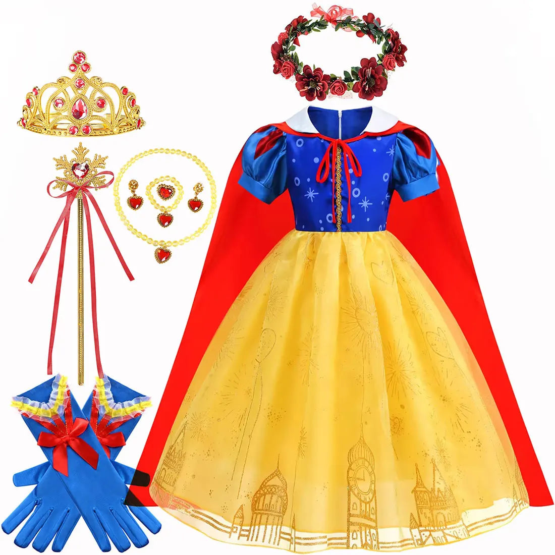 Snow White Princess Dress for Girls — Yellow Ball Gown, Blue & Red Cape, Cosplay Costume
