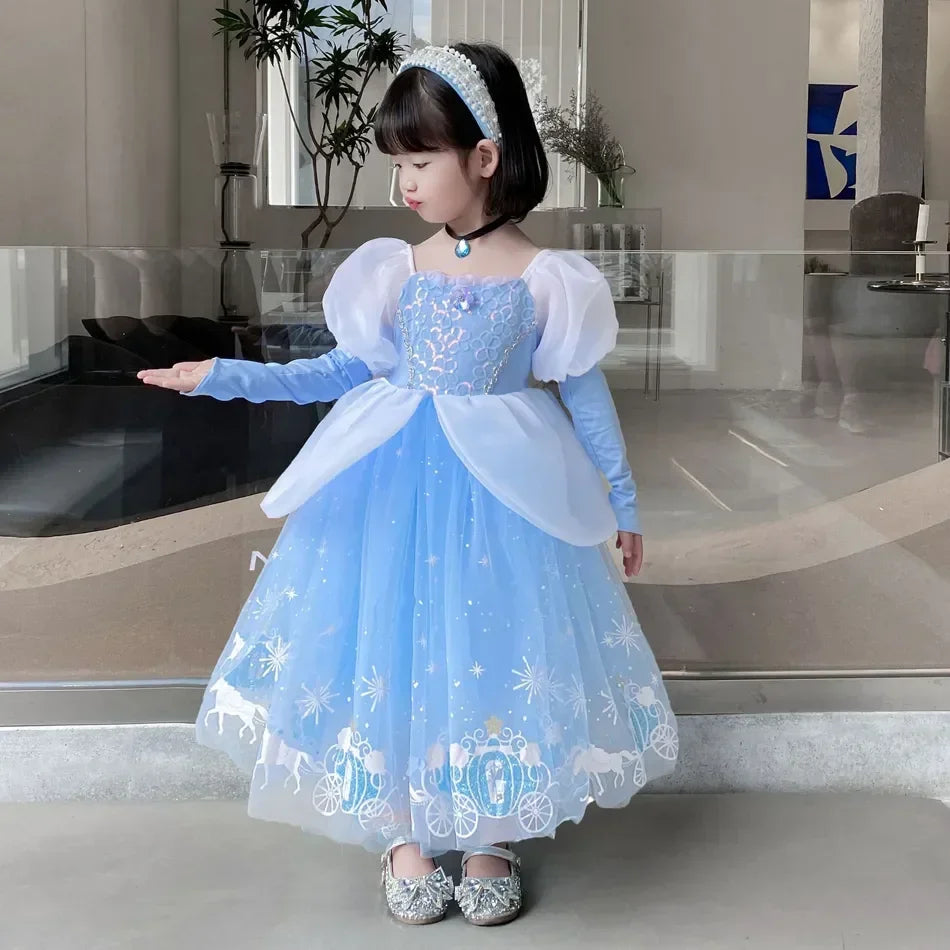 Cinderella Princess Dress for Girls — Blue Ball Gown with Puff Sleeves & Sequin Details