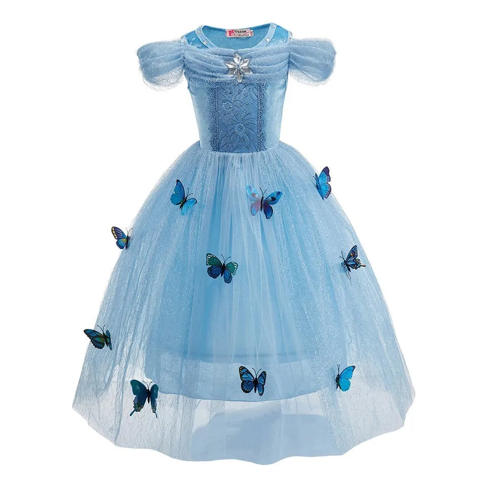 Encanto & Cinderella-Inspired Blue Princess Dress for Girls — Tulle, Embroidery, Sequins, Party-Ready