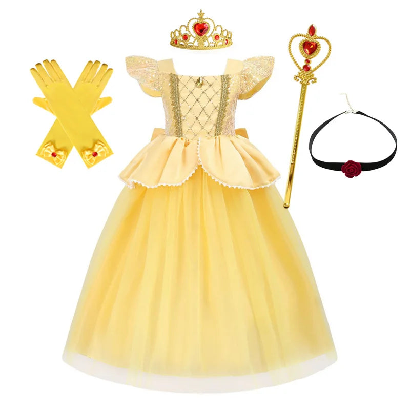 Belle Princess Dress for Girls — Yellow Ball Gown with Puff Sleeves & Elegant Details