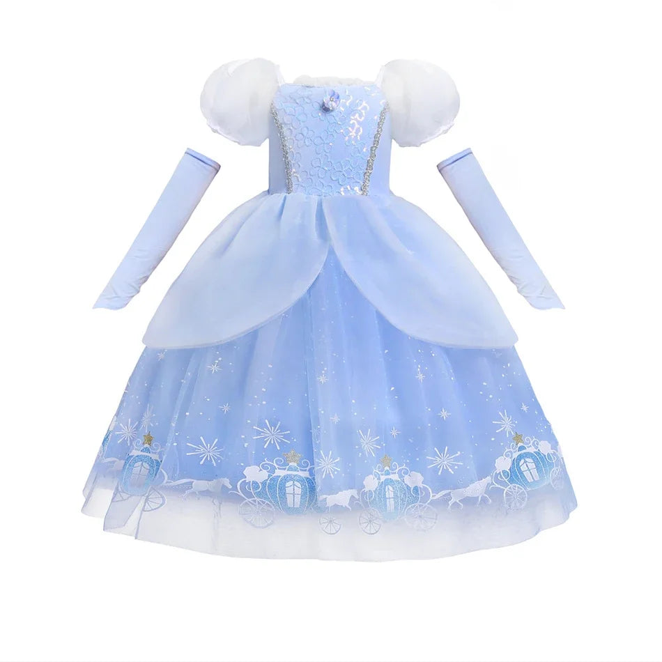Cinderella Princess Dress for Girls — Blue Ball Gown with Puff Sleeves & Sequin Details