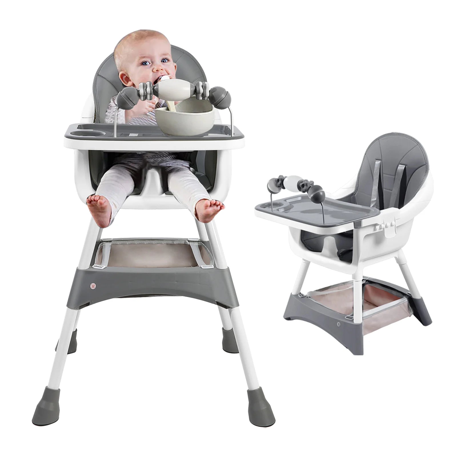 PetitWishes  Baby High Chair, Portable Baby Dining Chairs Eat & Play Convertible High Chair with Double-Layer Dinner Plate and Toy Rack