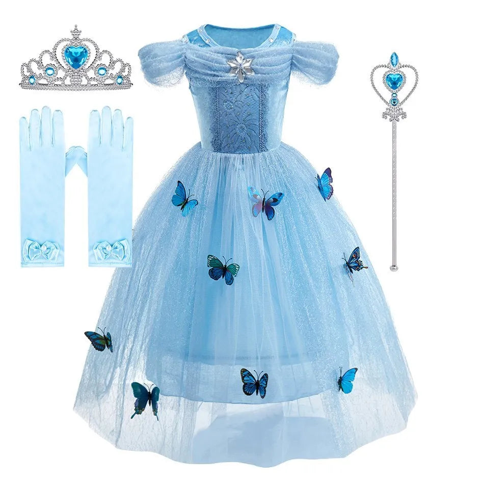 Encanto & Cinderella-Inspired Blue Princess Dress for Girls — Tulle, Embroidery, Sequins, Party-Ready