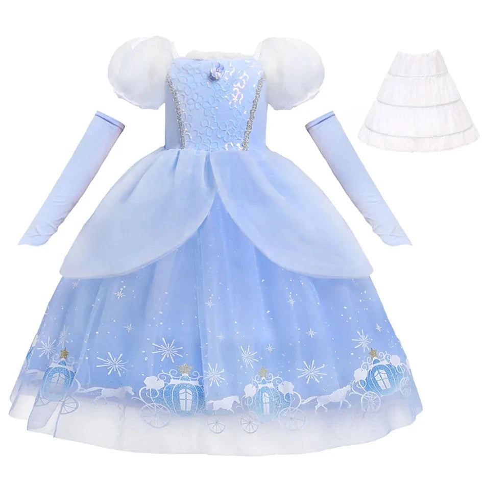 Cinderella Princess Dress for Girls — Blue Ball Gown with Puff Sleeves & Sequin Details