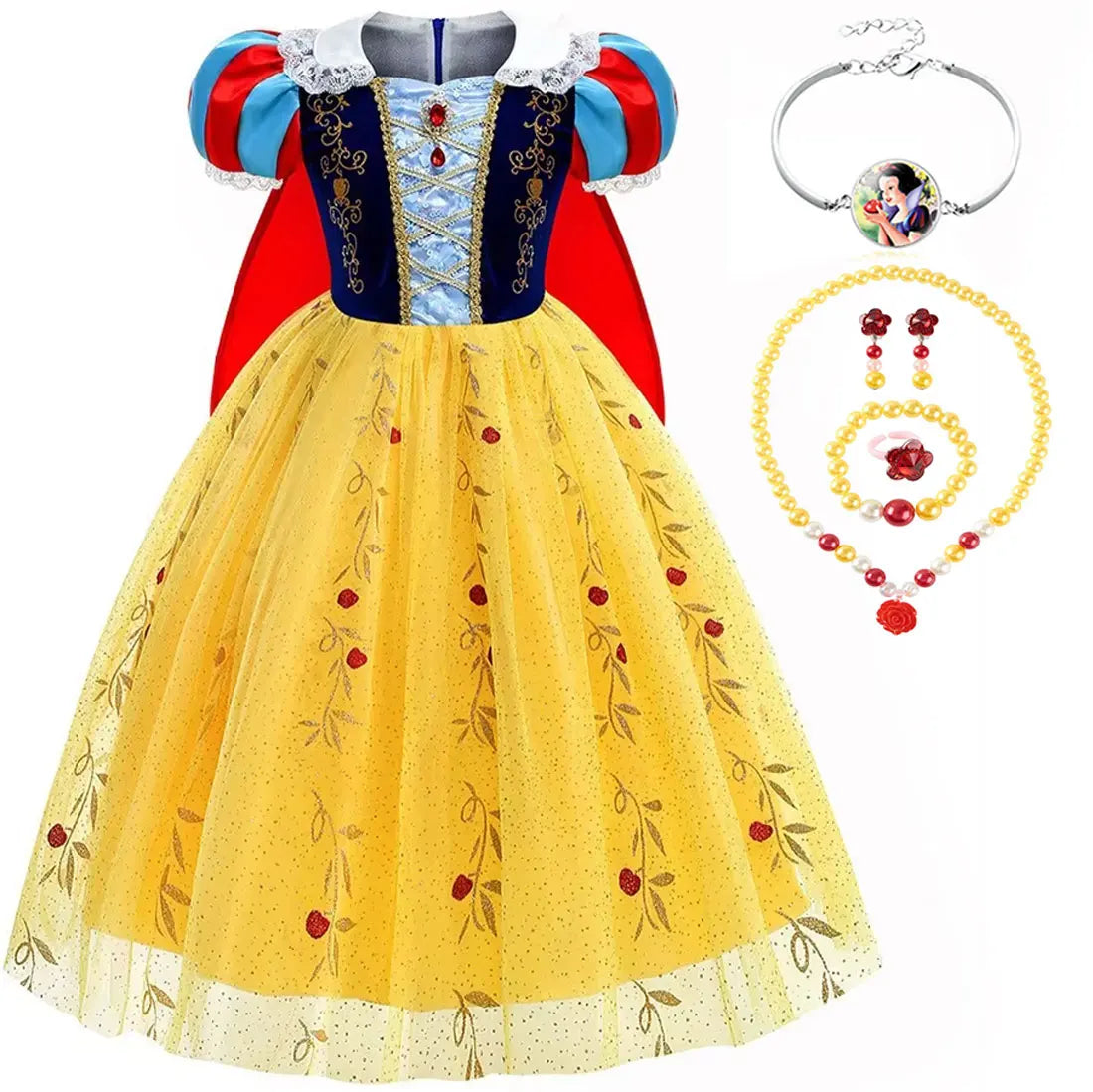 Snow White Princess Dress for Girls — Yellow Ball Gown, Blue & Red Cape, Cosplay Costume