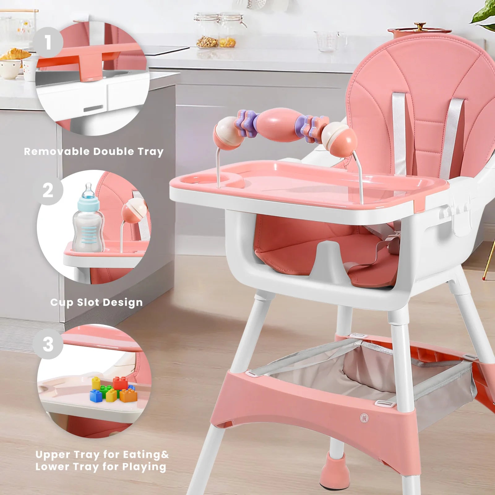 PetitWishes  Baby High Chair, Portable Baby Dining Chairs Eat & Play Convertible High Chair with Double-Layer Dinner Plate and Toy Rack