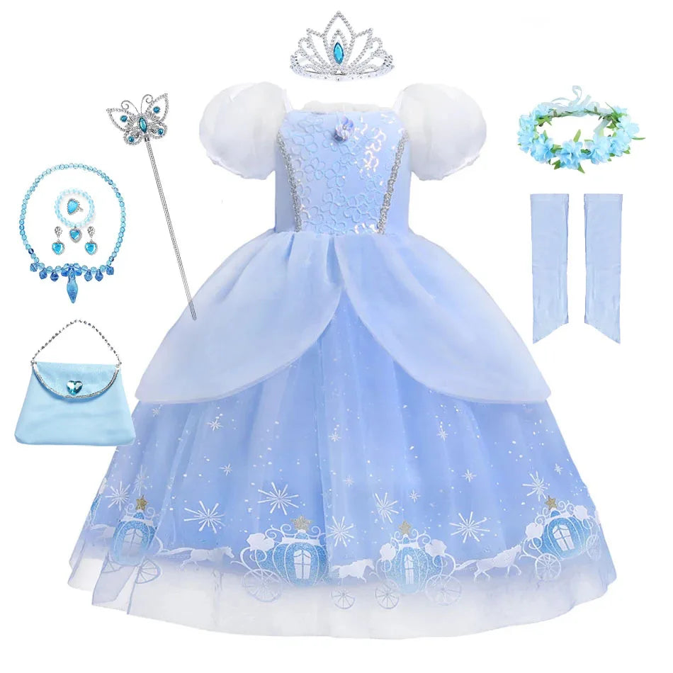 Cinderella Princess Dress for Girls — Blue Ball Gown with Puff Sleeves & Sequin Details