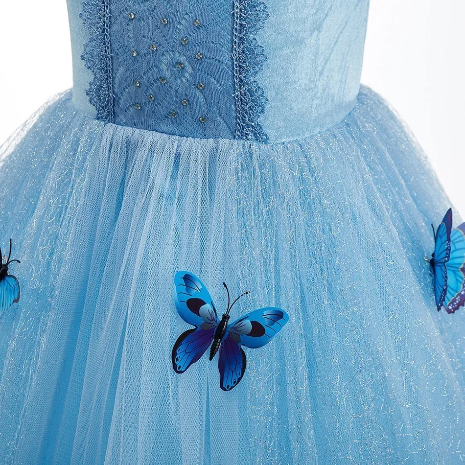 Encanto & Cinderella-Inspired Blue Princess Dress for Girls — Tulle, Embroidery, Sequins, Party-Ready