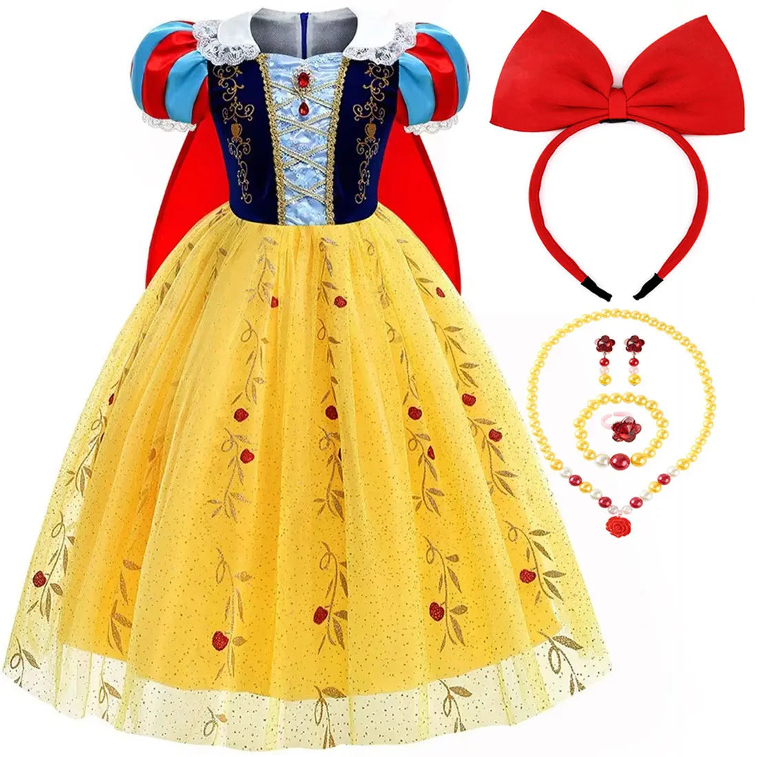 Snow White Princess Dress for Girls — Yellow Ball Gown, Blue & Red Cape, Cosplay Costume