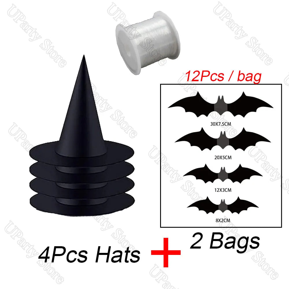 Halloween Hanging Witches Hats — 6/12 Pack with 40m Rope, Black Wizard Hats for Party & Outdoor Decoration