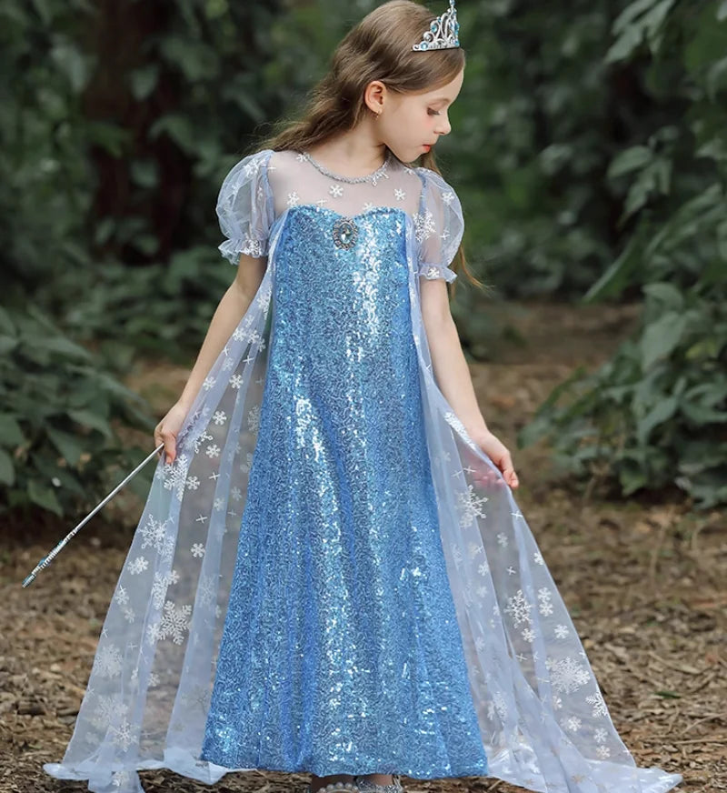 Elsa Princess Dress for Girls — Frozen Blue Sequin Gown with Cape