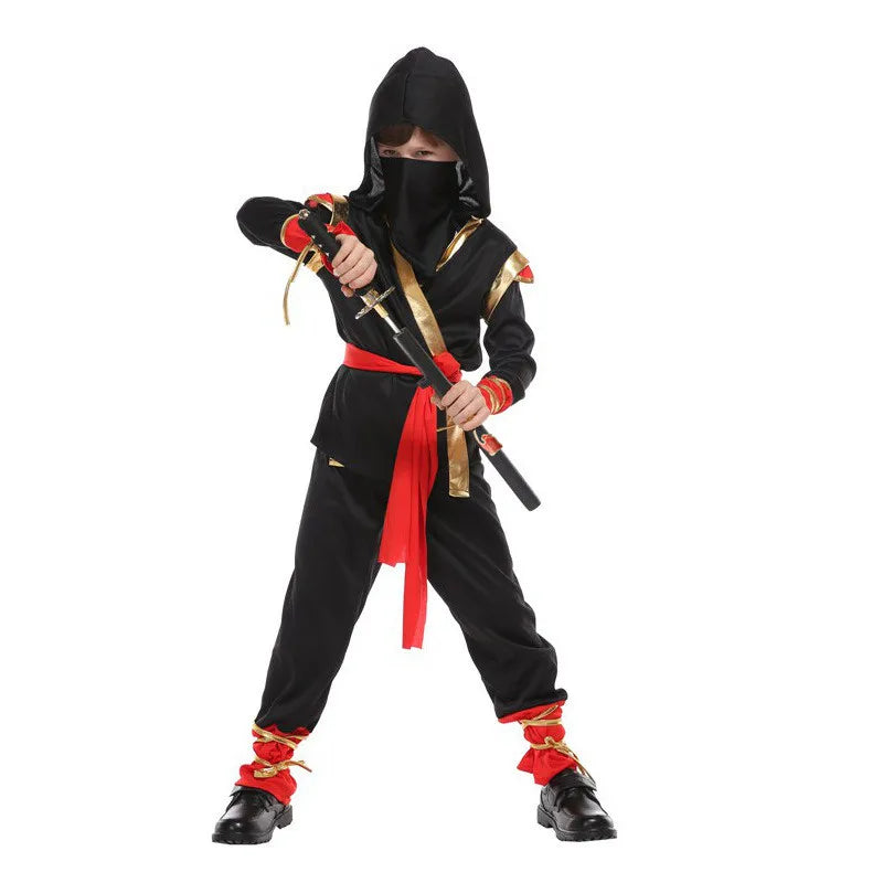 Kids Ninja Costume — Black & Red Samurai Assassin Outfit with Mask, Belt & Toy Weapons for Halloween