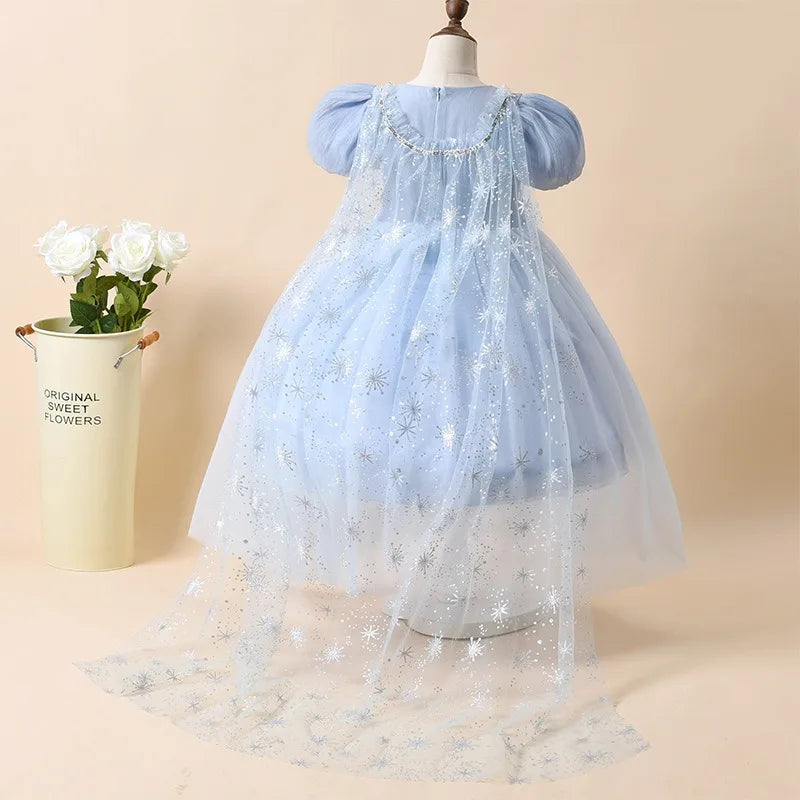 Blue Princess Dress for Girls — Short Sleeve, Pleated Tulle, Ankle-Length