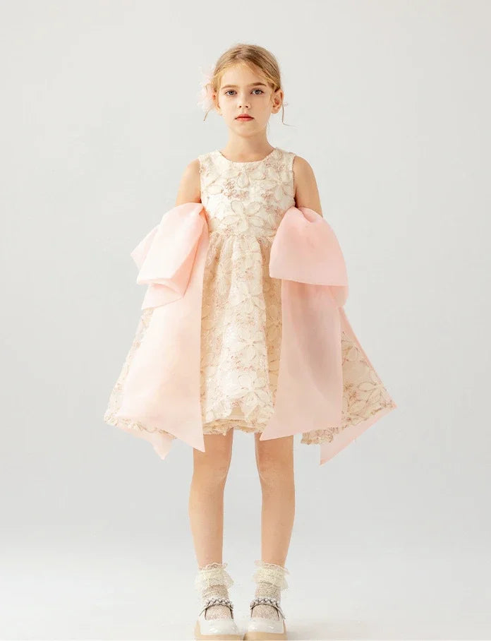 Girls' Sleeveless Lace Princess Dress — Elegant Patchwork Design with Bow Detail