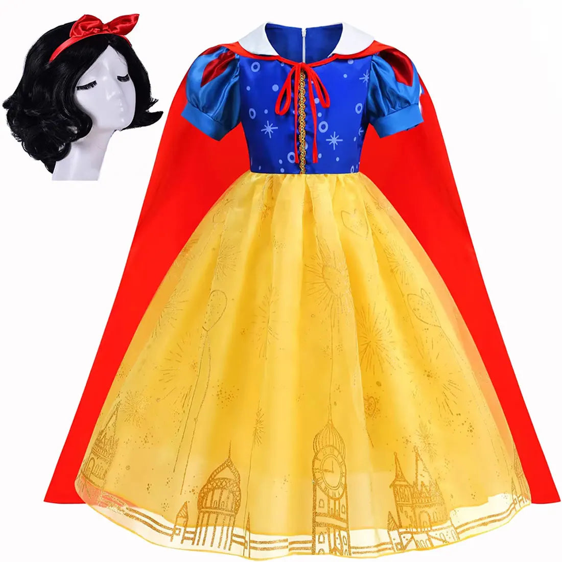 Snow White Princess Dress for Girls — Yellow Ball Gown, Blue & Red Cape, Cosplay Costume