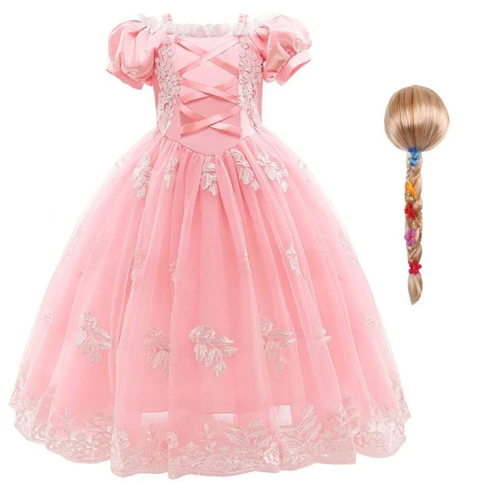 Aurora & Rapunzel Princess Dress for Girls — Puff Sleeve, Tulle, Mid-Calf Cosplay Gown