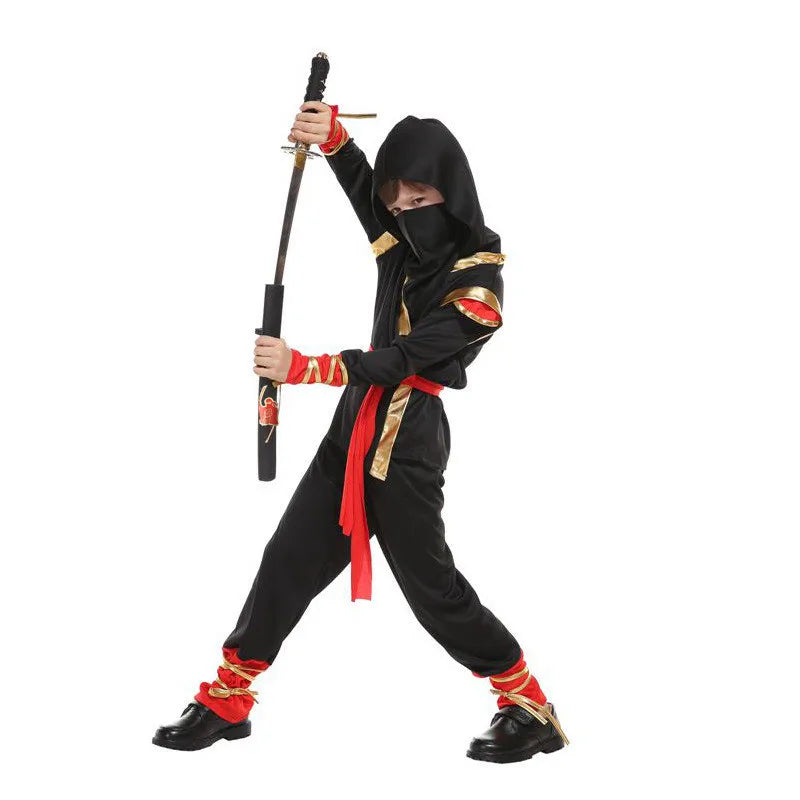 Kids Ninja Costume — Black & Red Samurai Assassin Outfit with Mask, Belt & Toy Weapons for Halloween