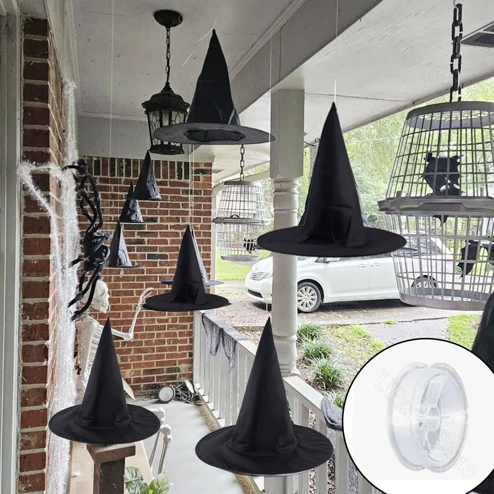Halloween Hanging Witches Hats — 6/12 Pack with 40m Rope, Black Wizard Hats for Party & Outdoor Decoration
