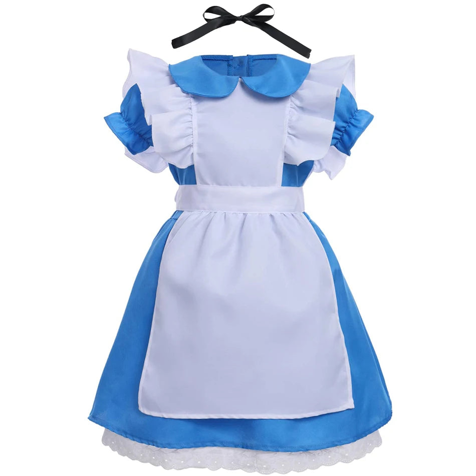 Alice in Wonderland Princess Dress for Girls — Blue Cosplay Costume with Apron, Puff Sleeves