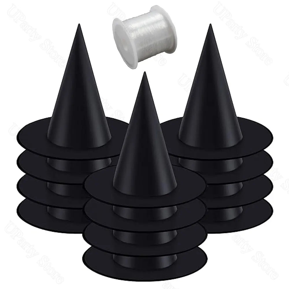Halloween Hanging Witches Hats — 6/12 Pack with 40m Rope, Black Wizard Hats for Party & Outdoor Decoration