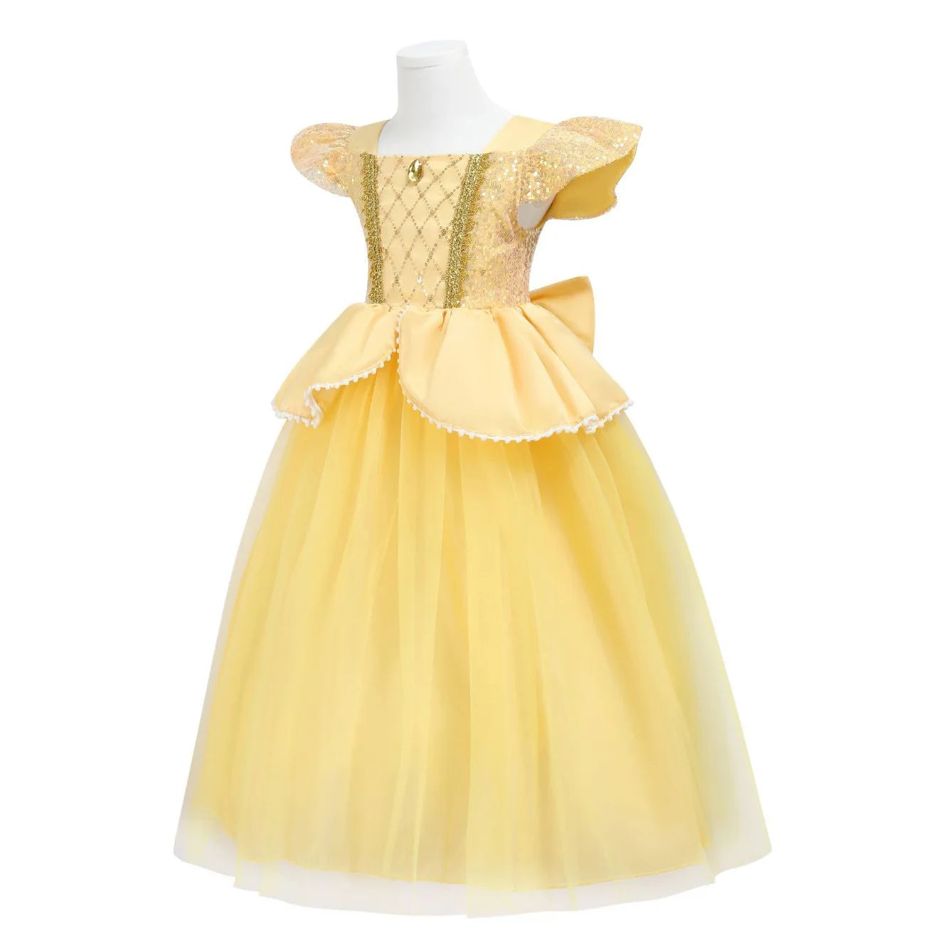 Belle Princess Dress for Girls — Yellow Ball Gown with Puff Sleeves & Elegant Details