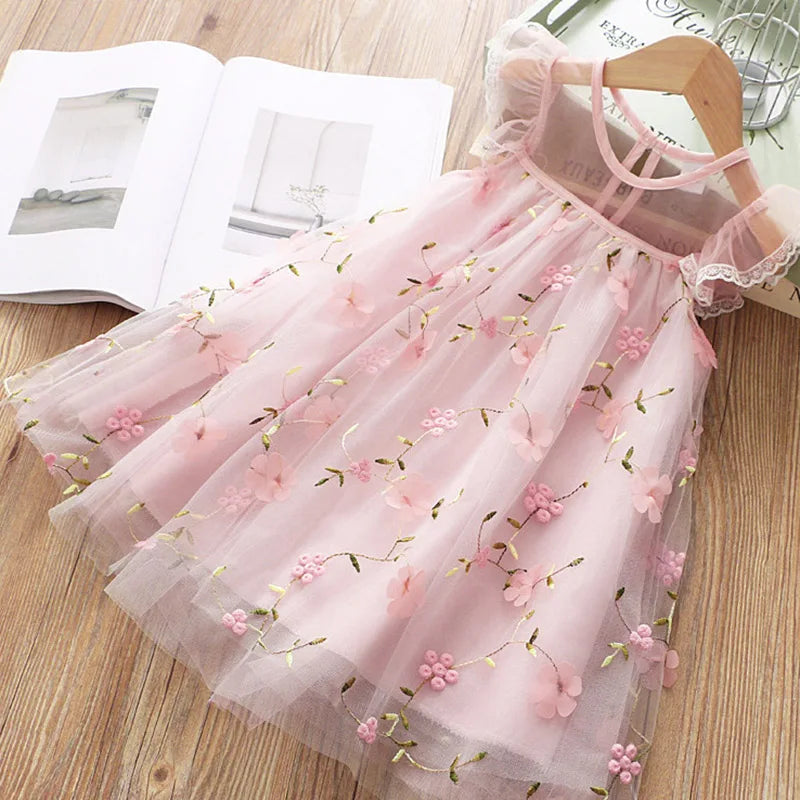 Floral Baby Girl Princess Dress — Pink Tulle, Knee-Length, Wedding & Party Outfit