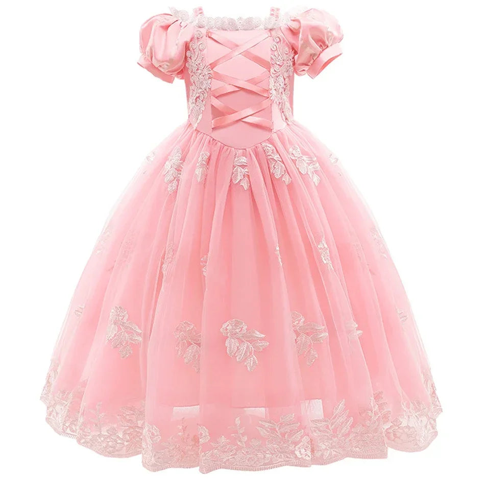 Aurora & Rapunzel Princess Dress for Girls — Puff Sleeve, Tulle, Mid-Calf Cosplay Gown