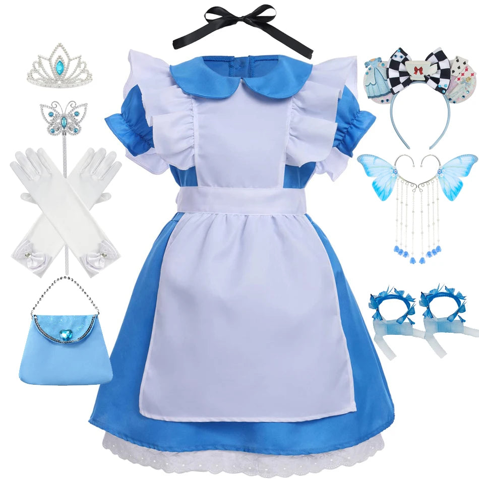 Alice in Wonderland Princess Dress for Girls — Blue Cosplay Costume with Apron, Puff Sleeves