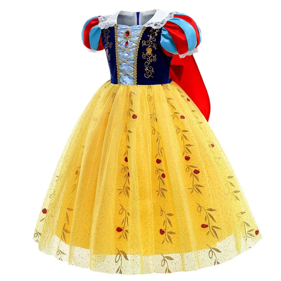 Snow White Princess Dress for Girls — Yellow Ball Gown, Blue & Red Cape, Cosplay Costume