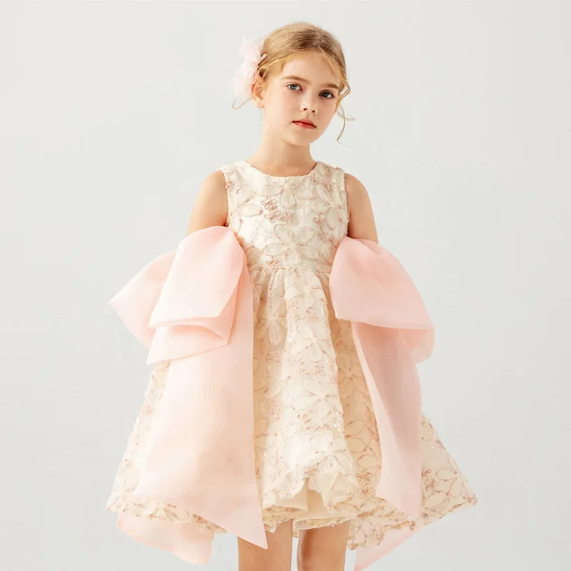 Girls' Sleeveless Lace Princess Dress — Elegant Patchwork Design with Bow Detail