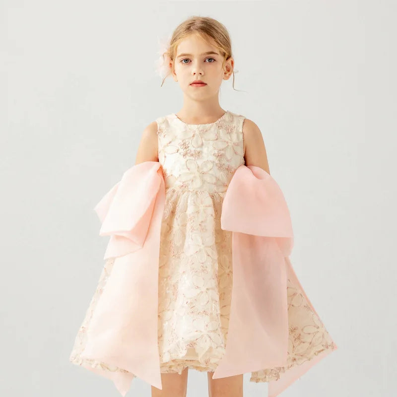 Girls' Sleeveless Lace Princess Dress — Elegant Patchwork Design with Bow Detail