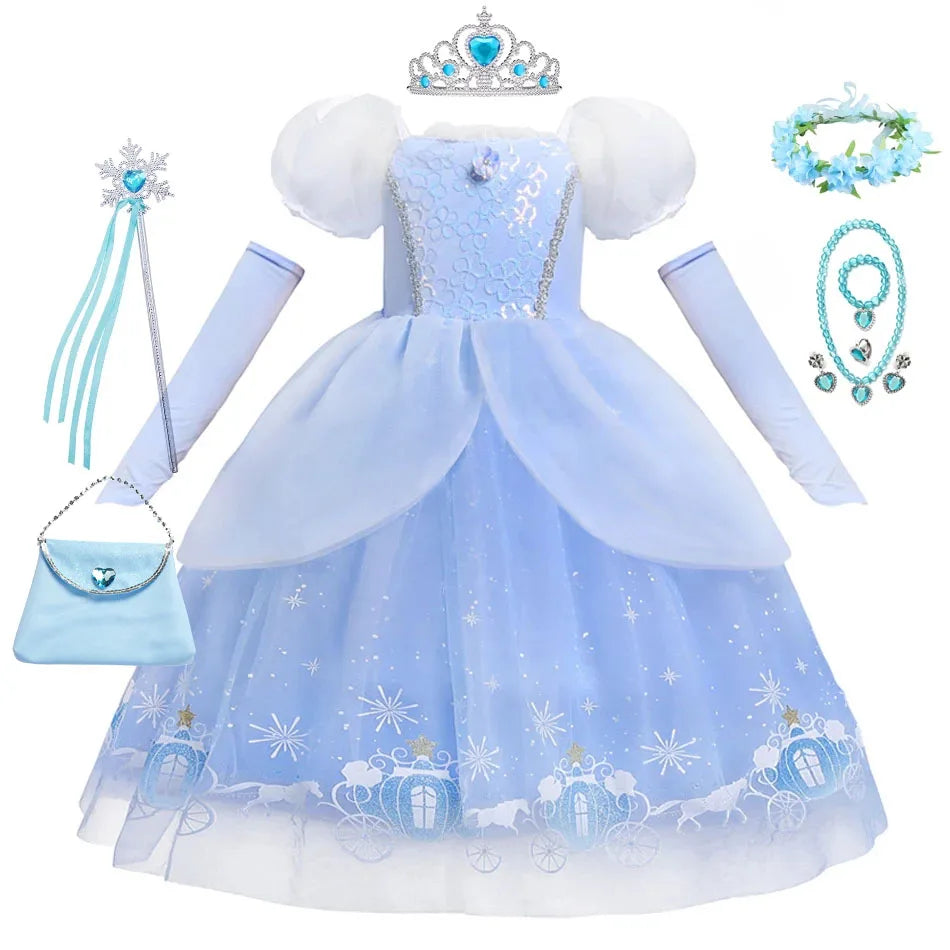 Cinderella Princess Dress for Girls — Blue Ball Gown with Puff Sleeves & Sequin Details