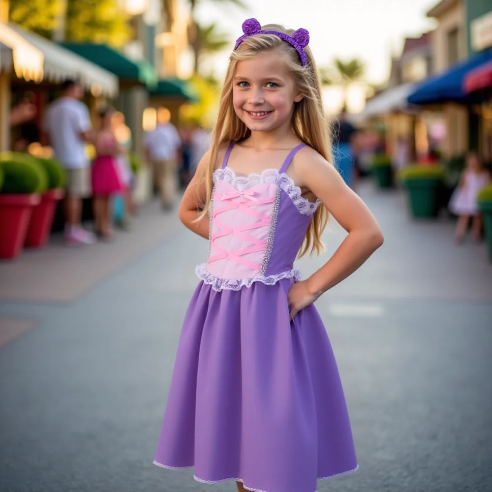 Girls Rapunzel Princess Dress — Purple A-Line, Lace-Up Bodice, Sleeveless Summer Style