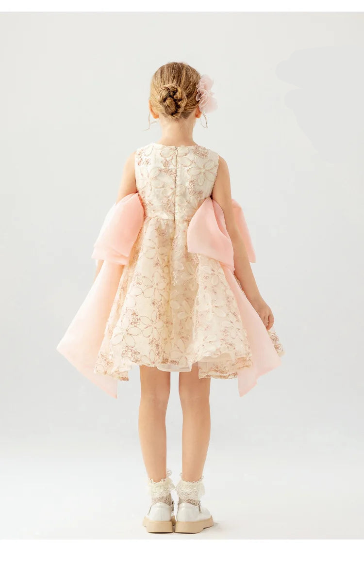 Girls' Sleeveless Lace Princess Dress — Elegant Patchwork Design with Bow Detail