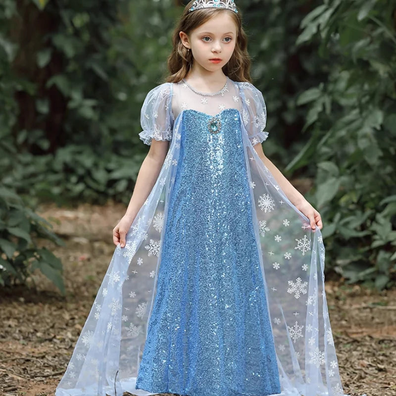 Elsa Princess Dress for Girls — Frozen Blue Sequin Gown with Cape