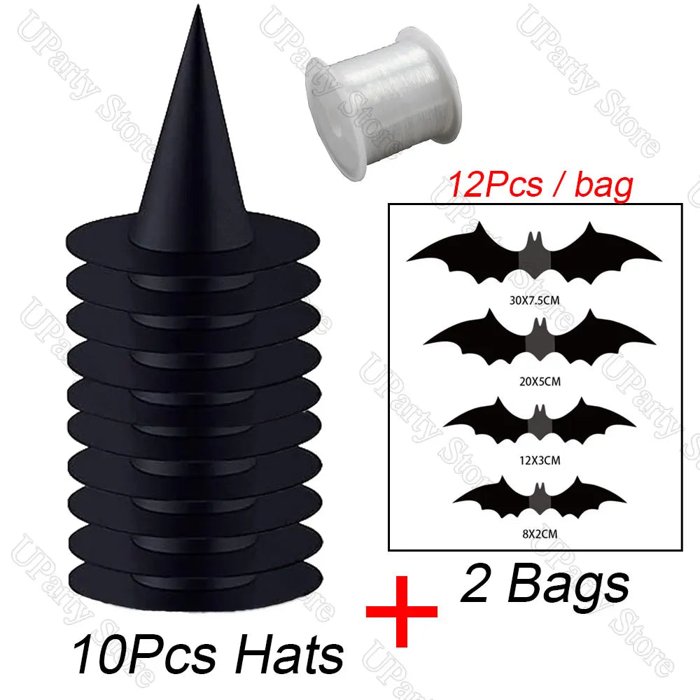 Halloween Hanging Witches Hats — 6/12 Pack with 40m Rope, Black Wizard Hats for Party & Outdoor Decoration