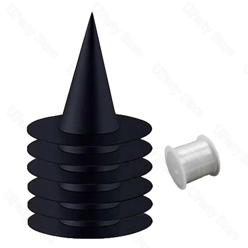 Halloween Hanging Witches Hats — 6/12 Pack with 40m Rope, Black Wizard Hats for Party & Outdoor Decoration