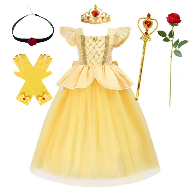 Belle Princess Dress for Girls — Yellow Ball Gown with Puff Sleeves & Elegant Details