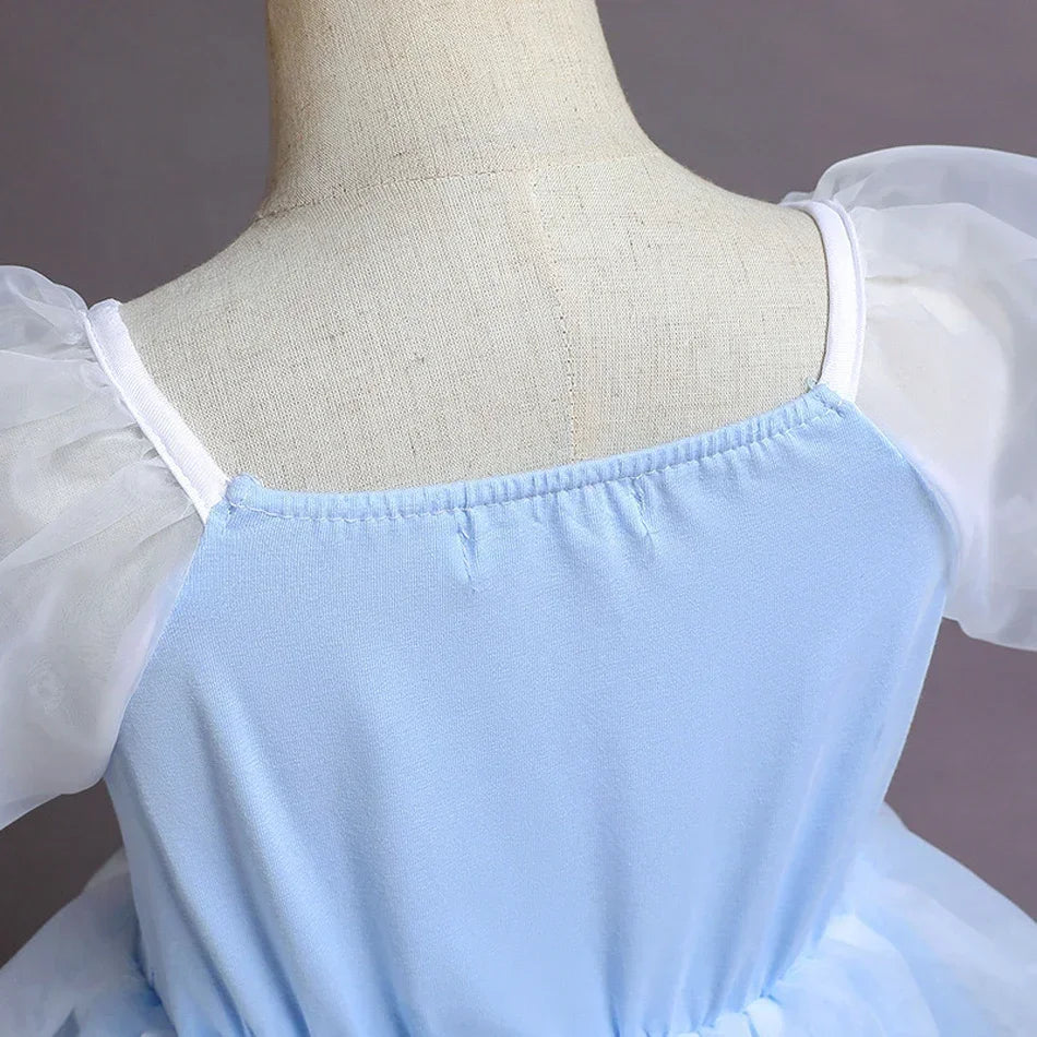 Cinderella Princess Dress for Girls — Blue Ball Gown with Puff Sleeves & Sequin Details