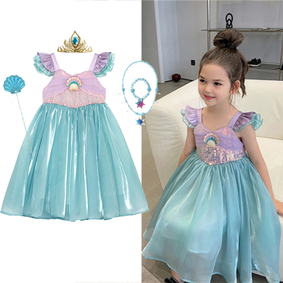 Little Mermaid Ariel Princess Dress for Girls — Sequin Bodice, Puffy Tulle Skirt, Cosplay & Party Costume