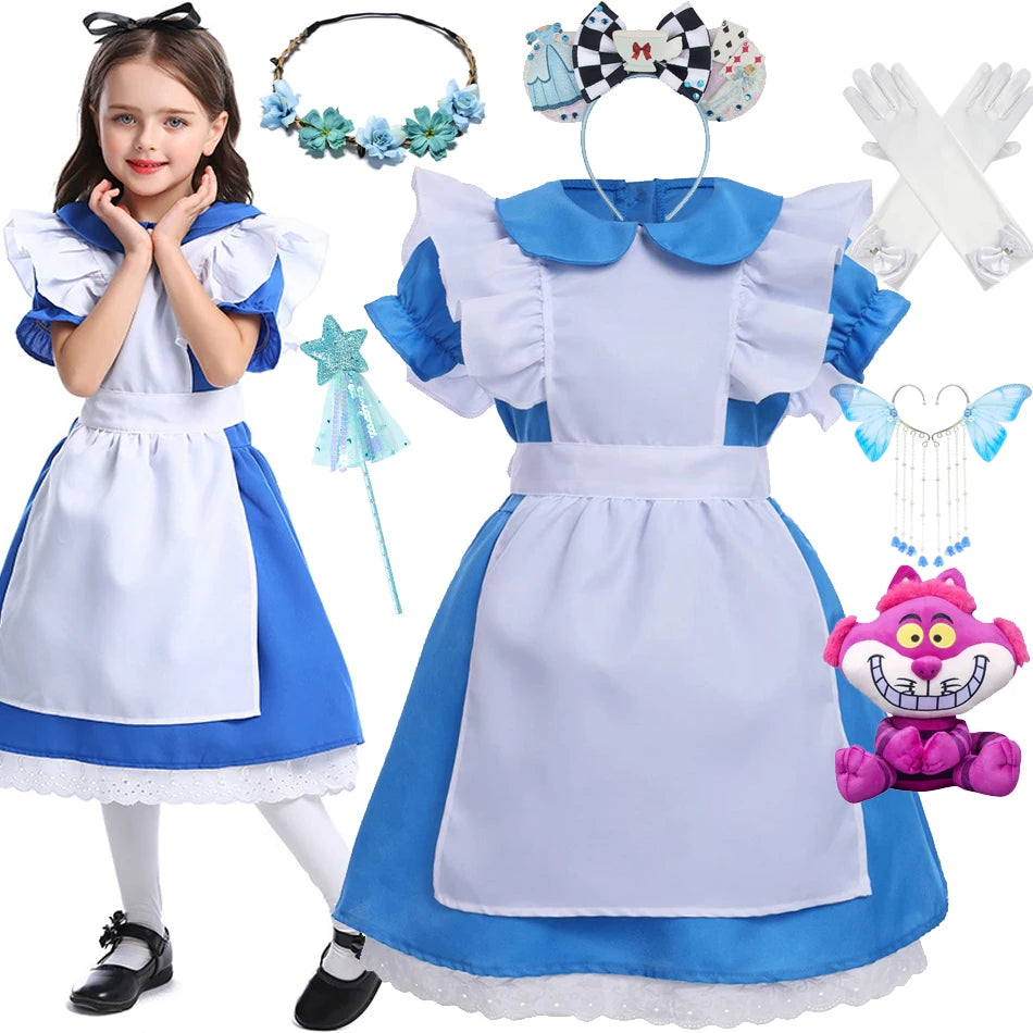 Alice in Wonderland Princess Dress for Girls — Blue Cosplay Costume with Apron, Puff Sleeves