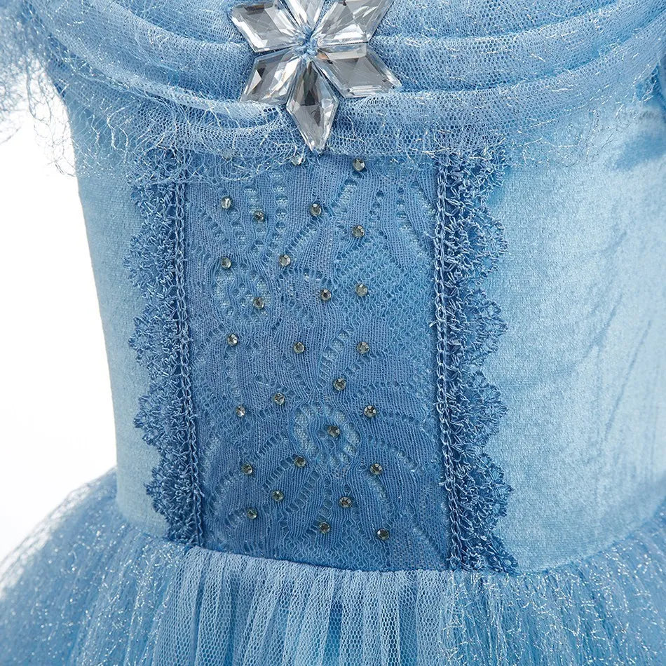 Encanto & Cinderella-Inspired Blue Princess Dress for Girls — Tulle, Embroidery, Sequins, Party-Ready