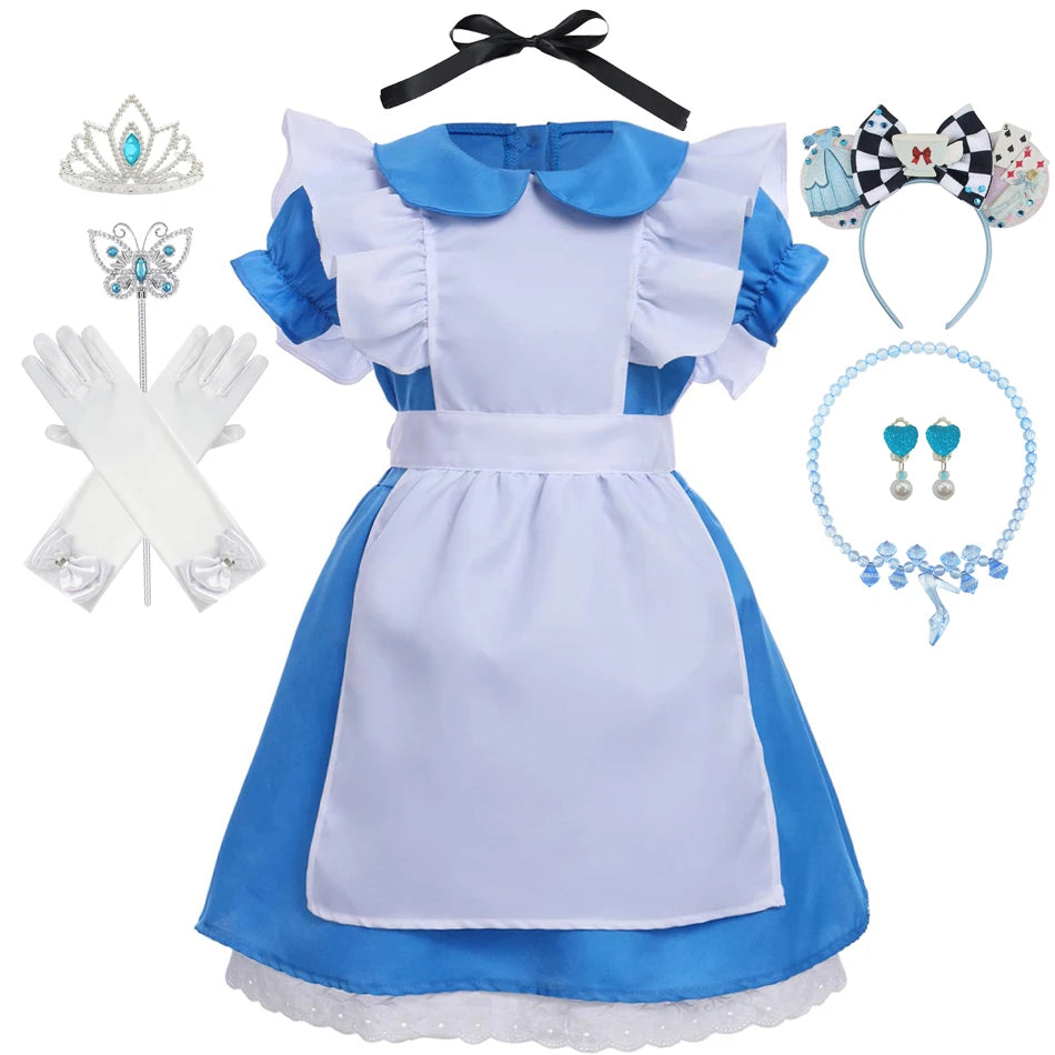 Alice in Wonderland Princess Dress for Girls — Blue Cosplay Costume with Apron, Puff Sleeves
