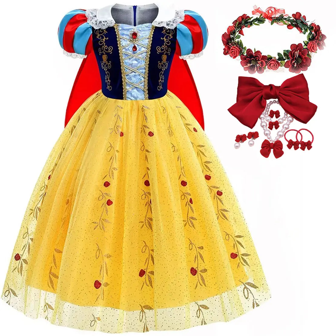 Snow White Princess Dress for Girls — Yellow Ball Gown, Blue & Red Cape, Cosplay Costume