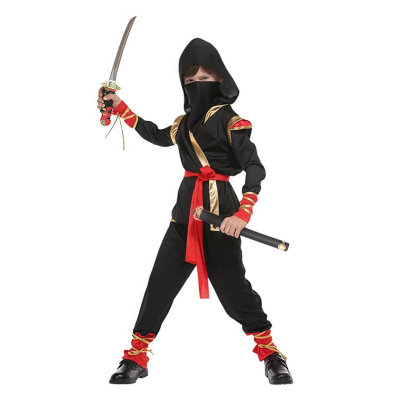 Kids Ninja Costume — Black & Red Samurai Assassin Outfit with Mask, Belt & Toy Weapons for Halloween
