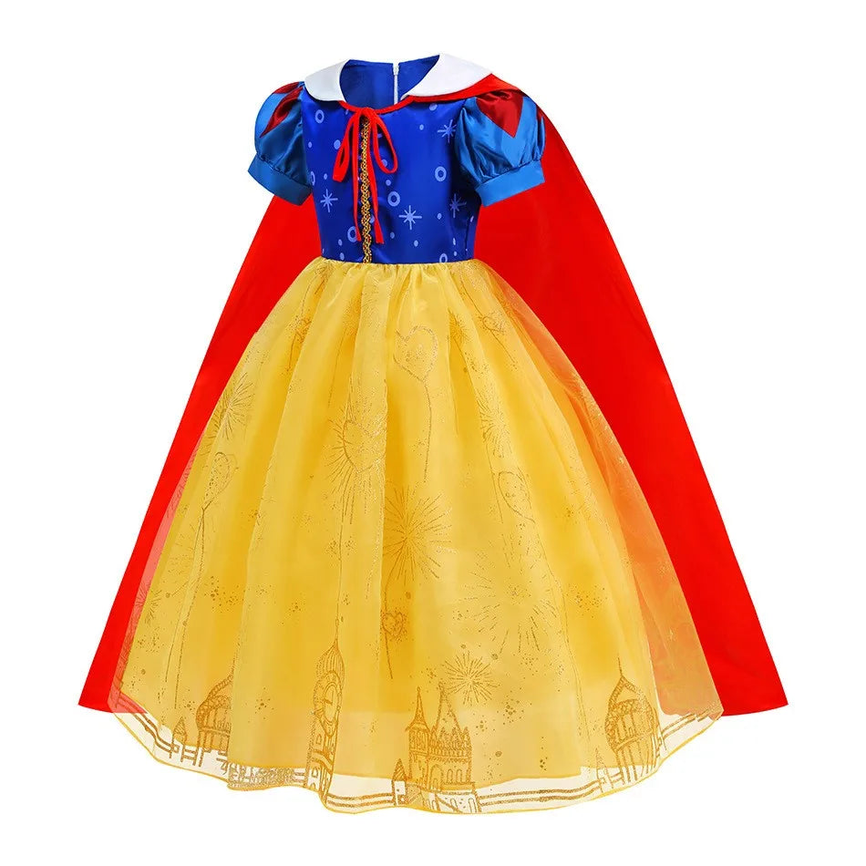Snow White Princess Dress for Girls — Yellow Ball Gown, Blue & Red Cape, Cosplay Costume